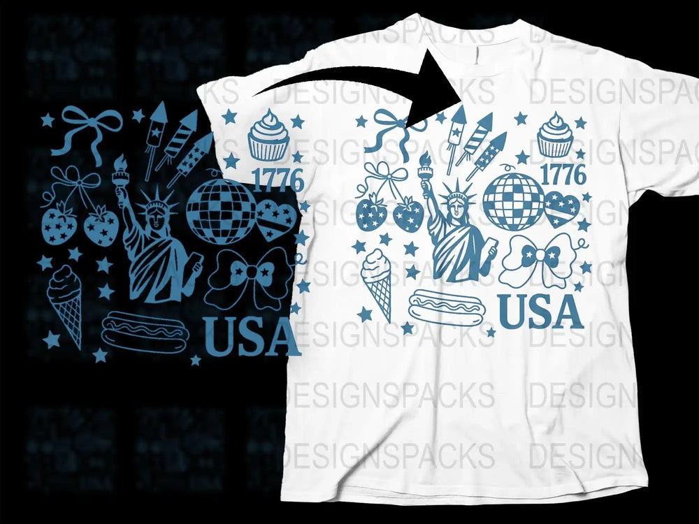 Patriotic T-Shirt with American Icons, Fireworks, Cupcakes, 1776 - Unisex White Graphic Tee