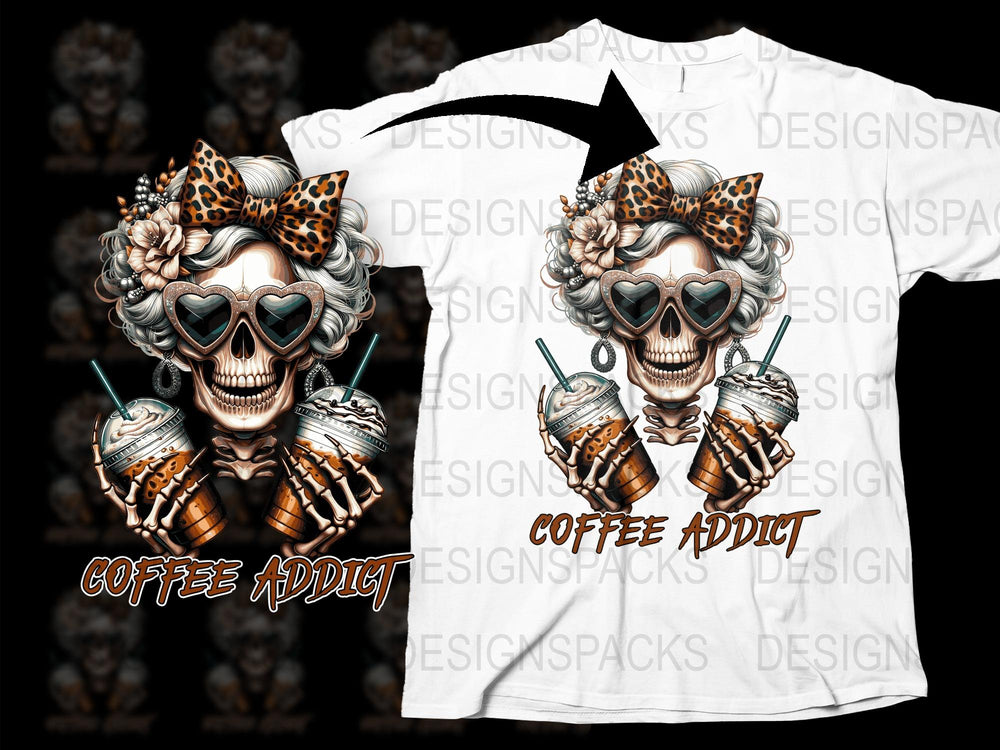 Coffee Addict Graphic T-Shirt, Skeleton Holding Starbucks, Unique Halloween Apparel, Funny Novelty Tee, Cool Skull Design Shirt