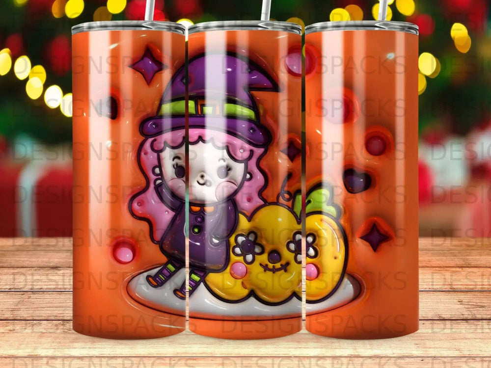 Cartoon witch and pumpkin on a tumbler with colorful bokeh background.