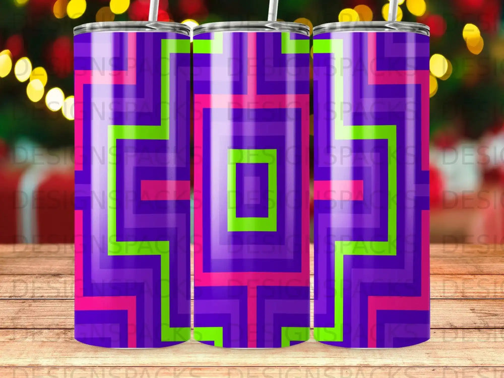Purple and green geometric pattern on a skinny tumbler.