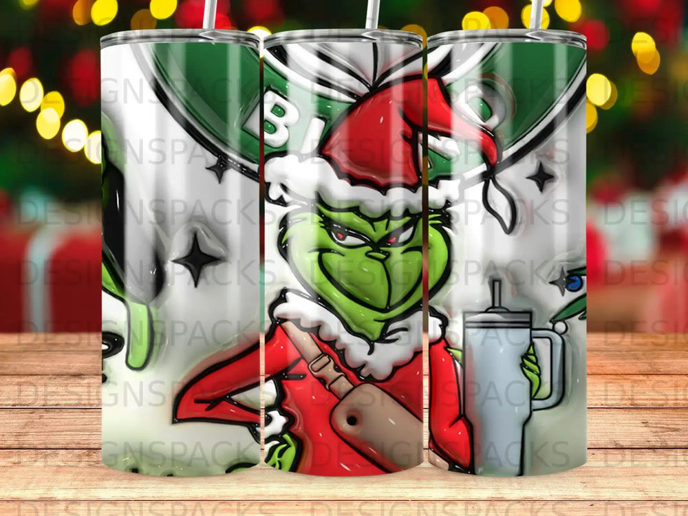 Grinch in Santa hat holding cup, with green and white speckled background.