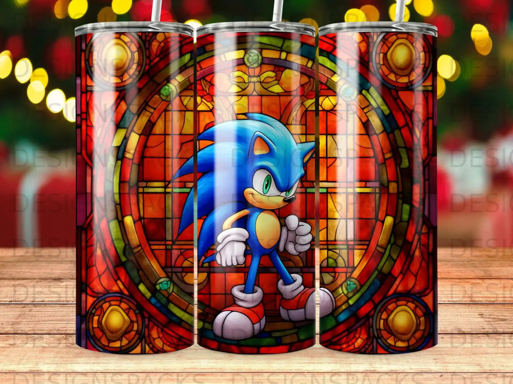 Sonic the Hedgehog against a stained glass background.