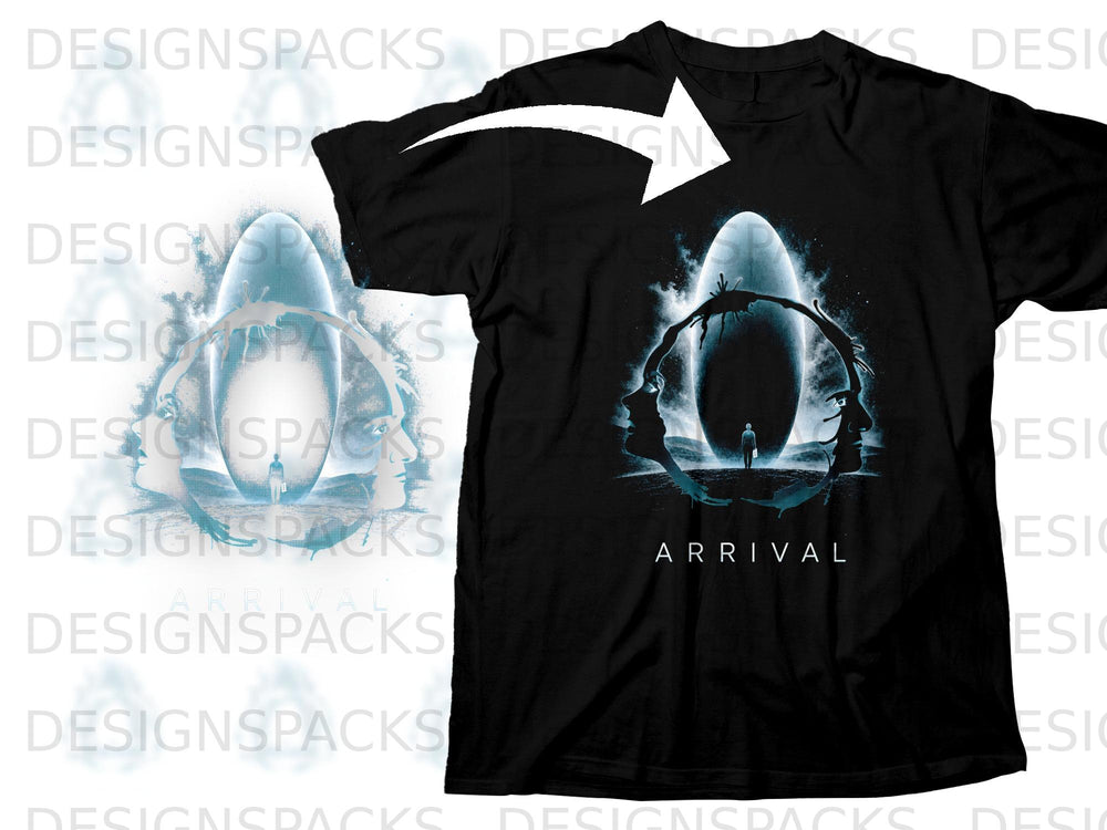 Black t-shirt featuring the "Arrival" movie poster design with text.