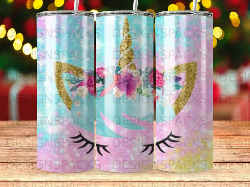 Glittery unicorn tumbler with floral accents and sparkles.