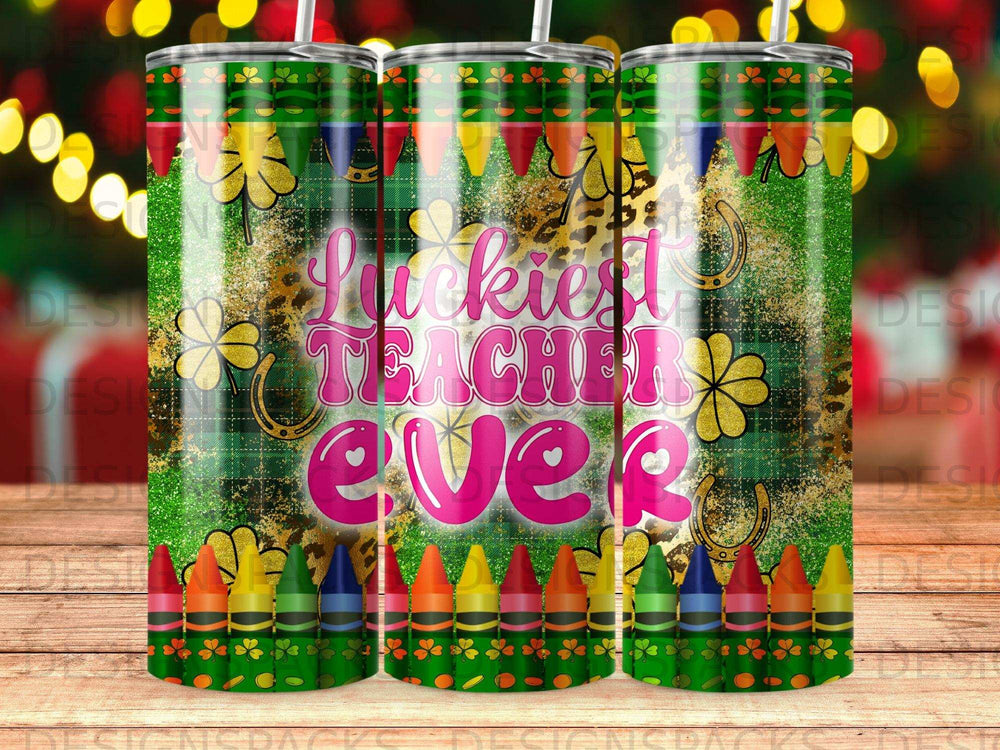 Glittery "Luckiest Teacher Ever" tumbler with colorful crayons and shamrocks.