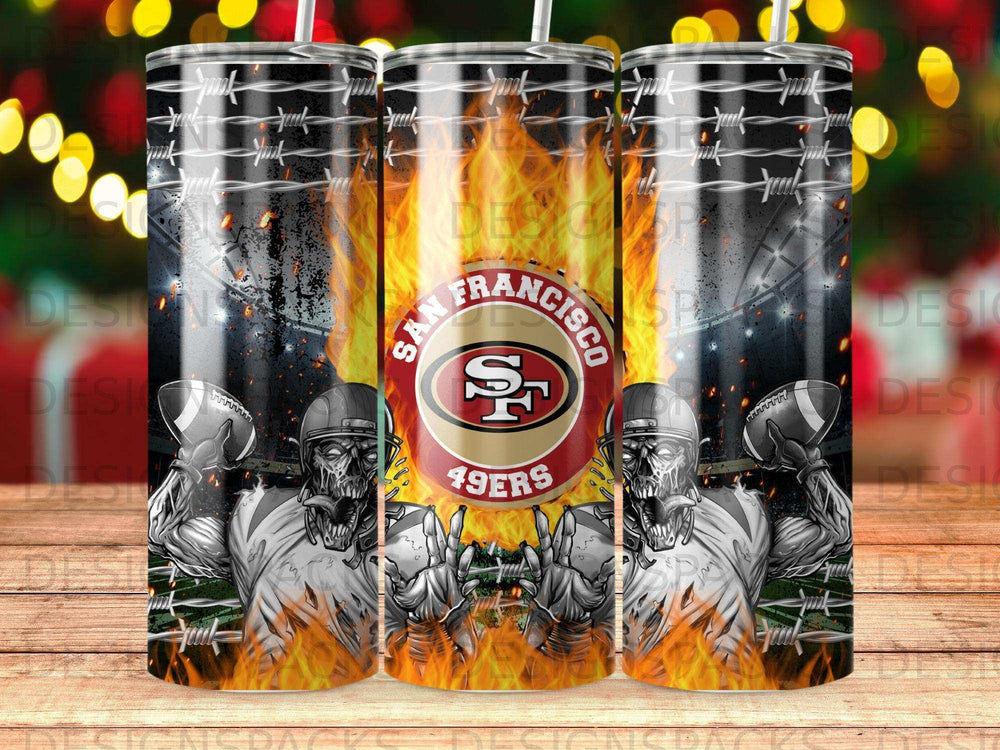 San Francisco 49ers logo on a tumbler with a football player and barbed wire design.