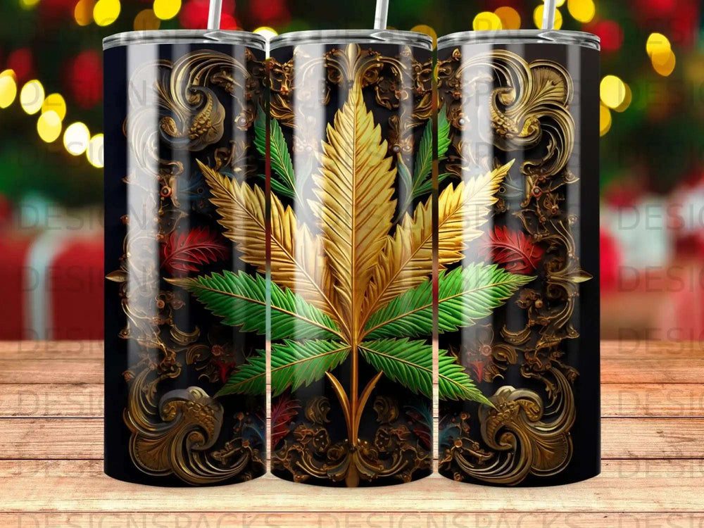 Cannabis leaf design on a black tumbler with gold ornate detailing.