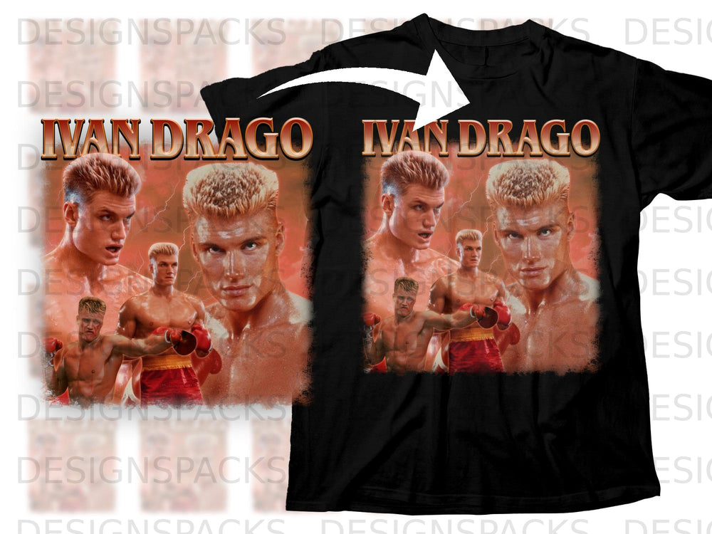 Black t-shirt featuring Ivan Drago artwork with text and boxing imagery.