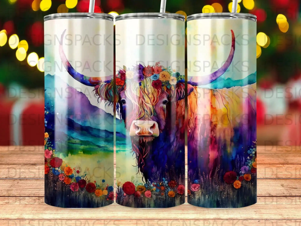 Highland cow with floral accents and colorful watercolor background.
