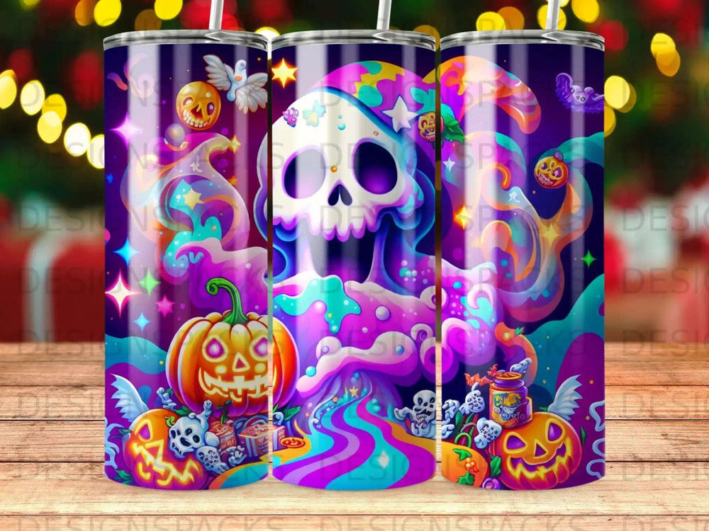 Holographic skull with pumpkins and ghosts, Halloween themed tumbler.