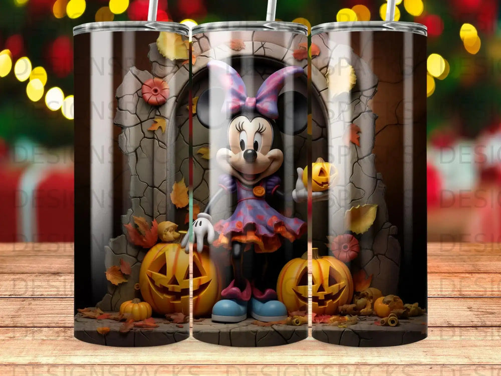 Minnie Mouse in Halloween costume with pumpkins and autumn leaves.