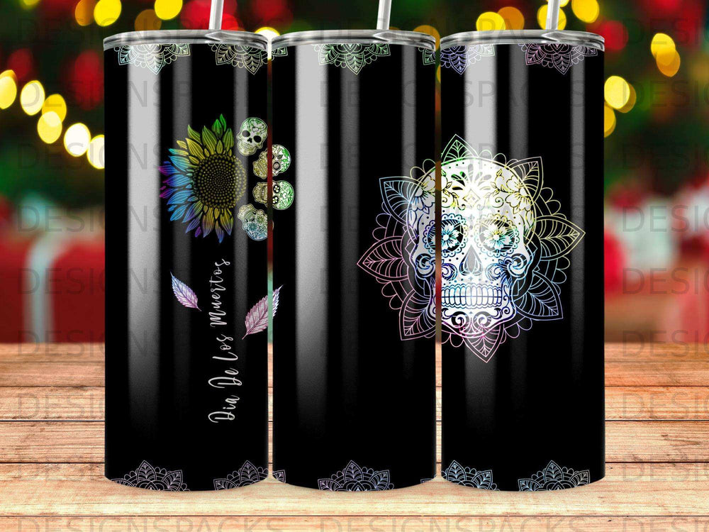 Dia de los Muertos sugar skull and sunflower tumbler with colorful mandala designs.