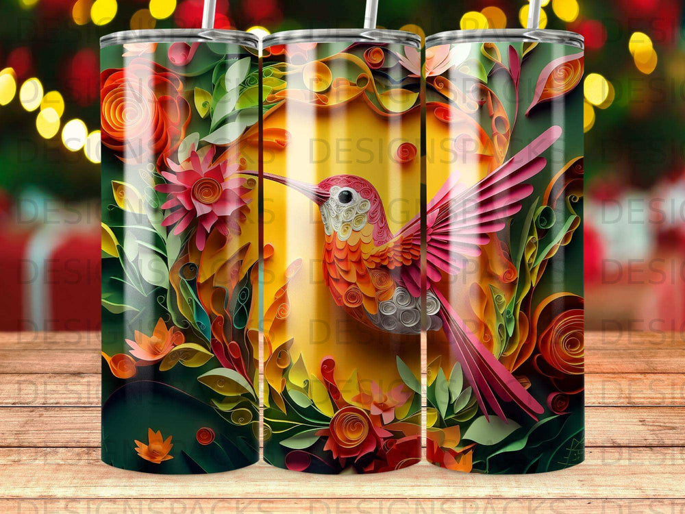 Hummingbird and floral design on a three-panel tumbler wrap with straw.