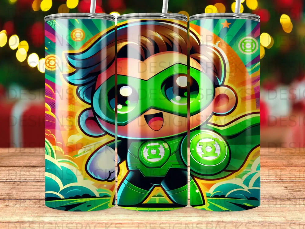 Cartoon Green Lantern character with radiating background and logo.