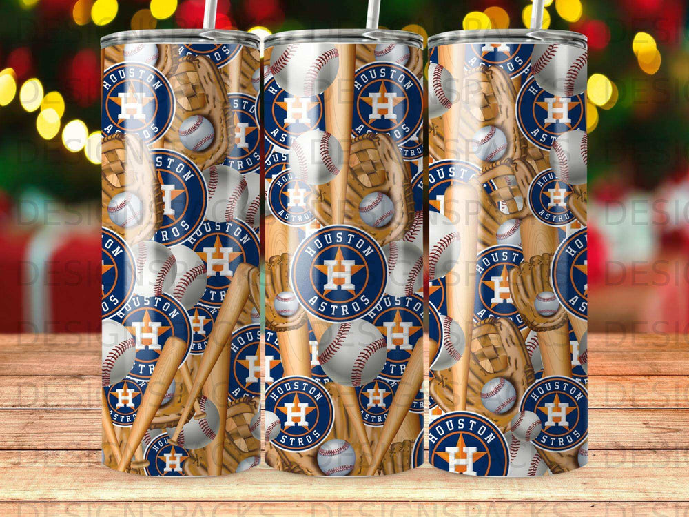 Houston Astros baseball-themed tumbler with logo and baseball glove graphics.