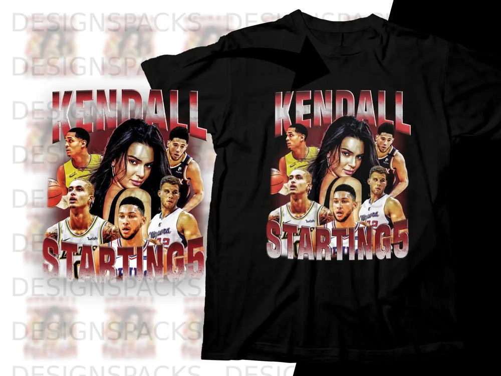 Kendall starting lineup graphic with basketball players on black t-shirt.