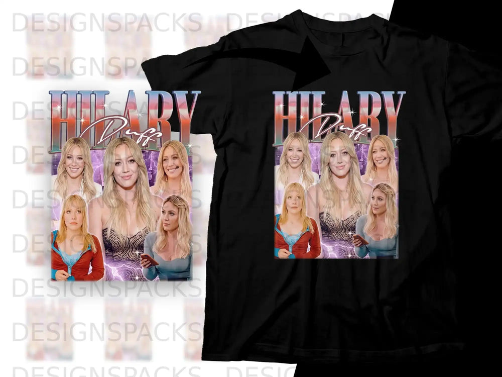 Collage of Hilary Duff photos on a black t-shirt.