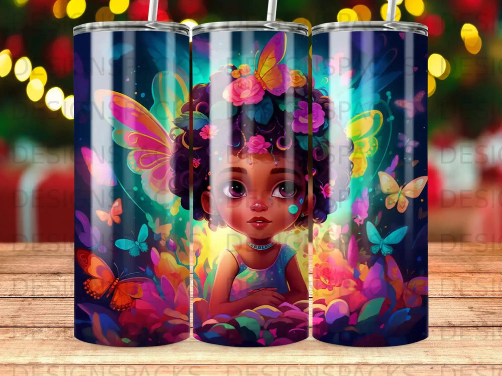 Girl with colorful wings and butterflies on a decorative tumbler.