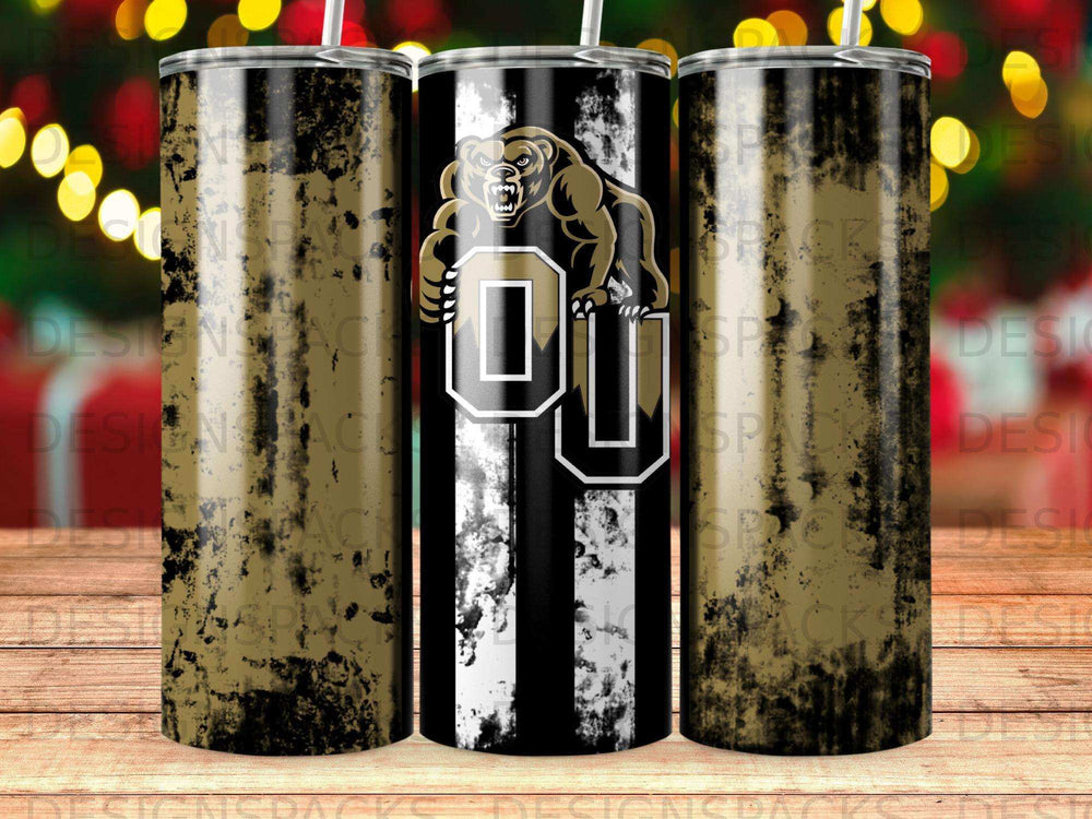 OU logo with bear mascot on a black and gold striped tumbler.