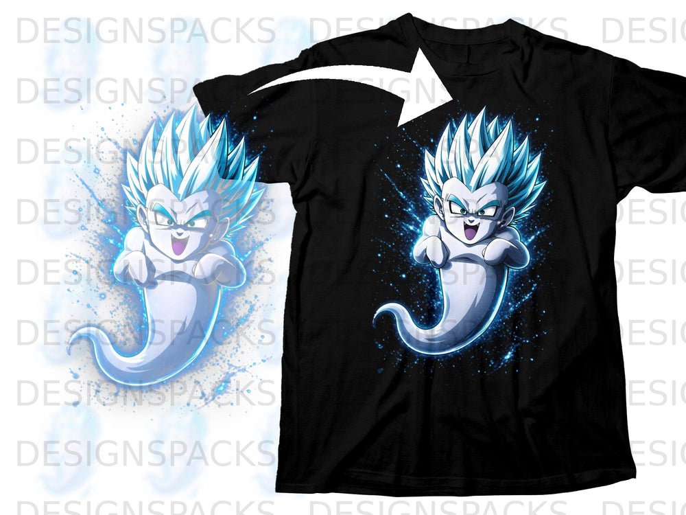 Black t-shirt featuring a cartoon ghost with spiky white hair and blue accents.