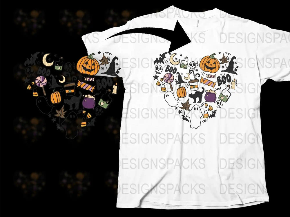 Halloween T-Shirt with Cute Ghosts, Pumpkins, and Candies Graphic Tee for Adults and Kids