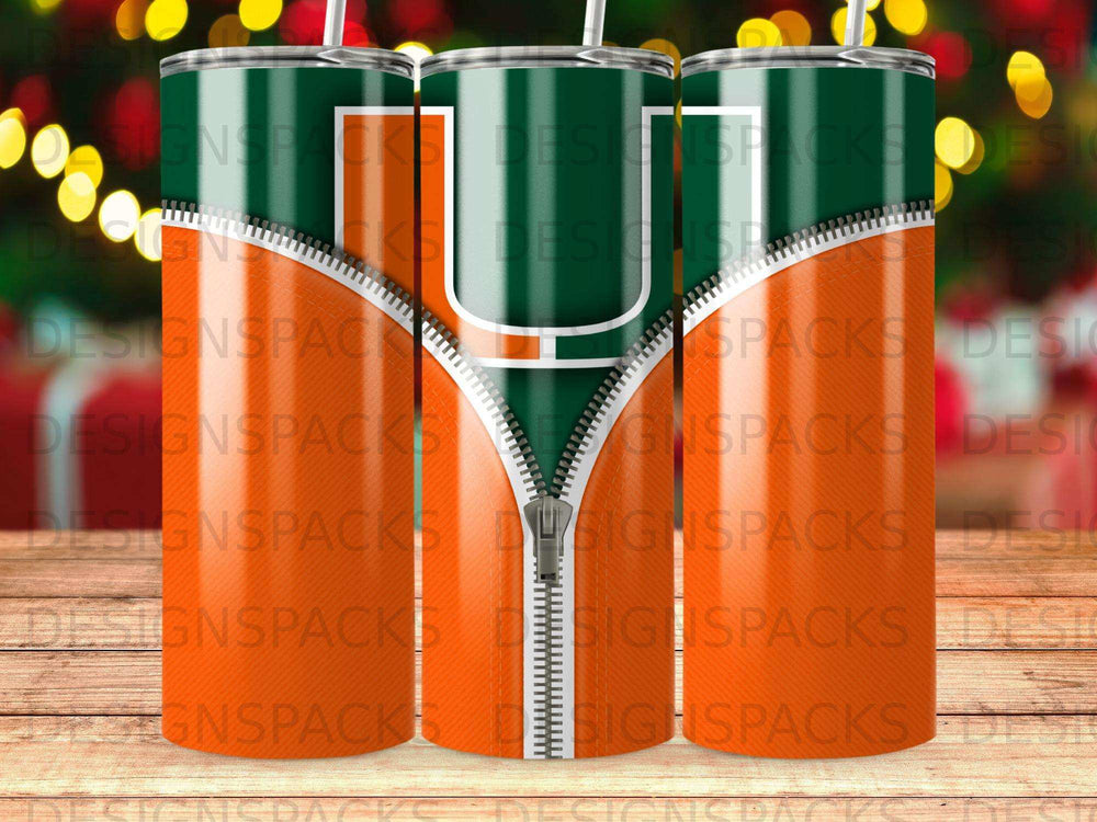 Three tumblers with a zipper design in orange, green, and white.