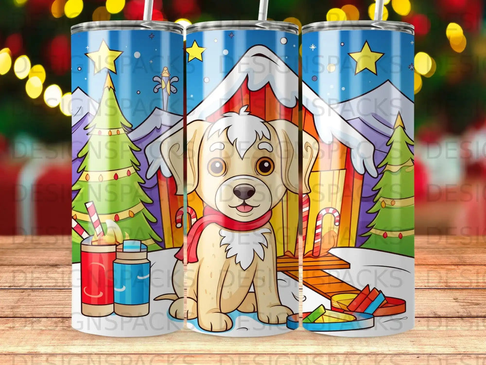 Cartoon dog wearing a scarf in front of a doghouse and presents.