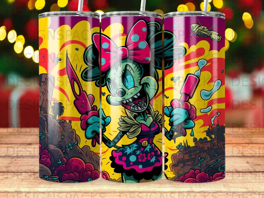 Cartoon character with a bow, holding syringes, against a colorful, spooky background.