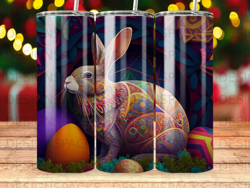 Colorful patterned rabbit with Easter eggs on a dark, ornate background.