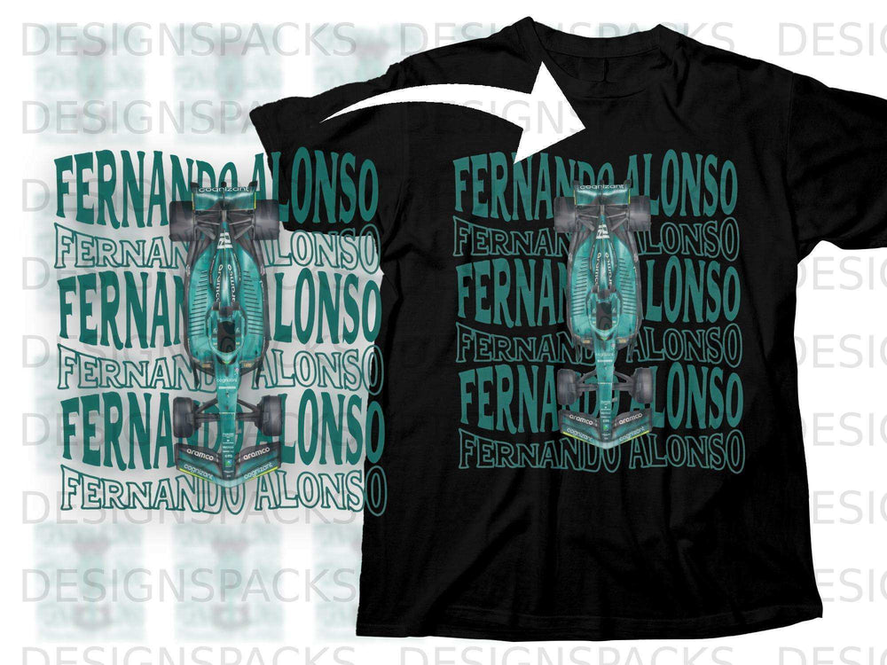 Black t-shirt with Fernando Alonso and Aston Martin Formula 1 car graphic.