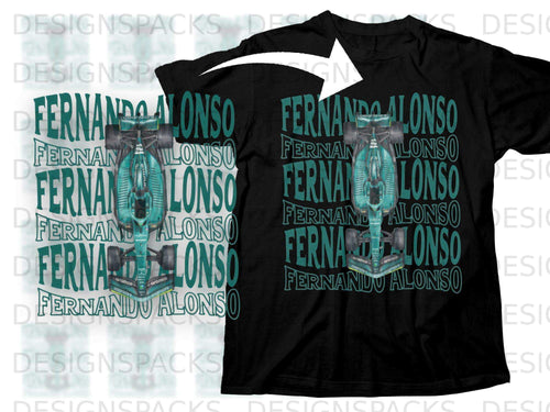 Black t-shirt with Fernando Alonso and Aston Martin Formula 1 car graphic.