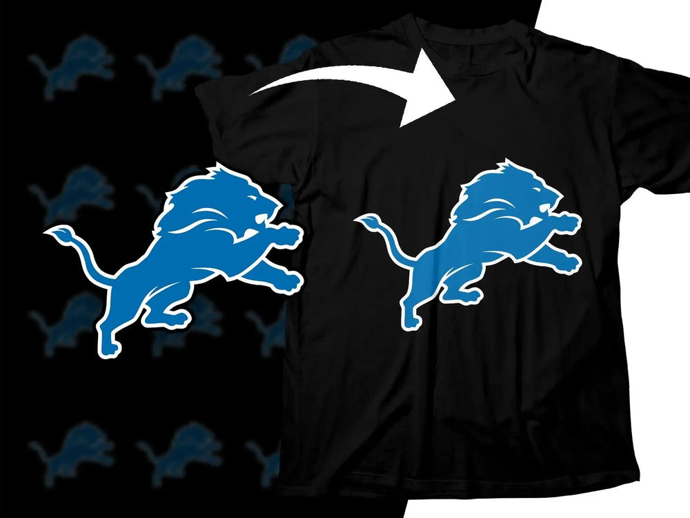 Blue lion logo design on black t-shirt, print-ready for DTG or DTF applications