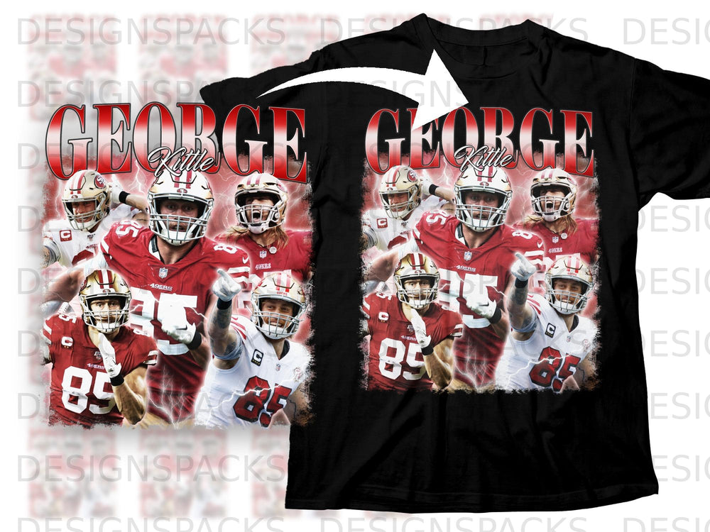 George Kittle 49ers t-shirt design with multiple player images and lightning effects.