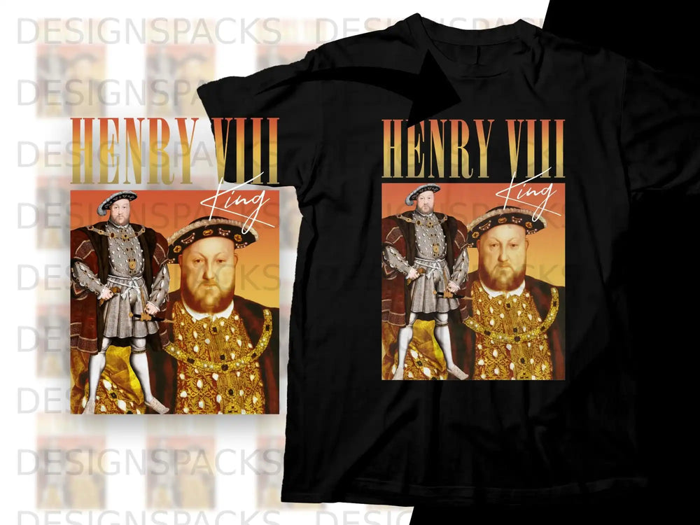 T-shirt featuring King Henry VIII in a regal red and gold outfit.