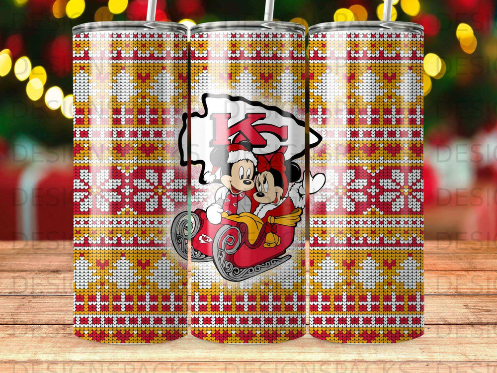 Kansas City Chiefs Christmas pattern with Mickey and Minnie Mouse on a sled.