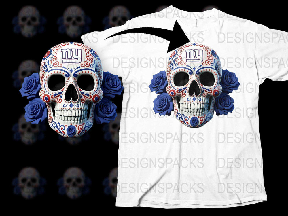 Day of the Dead Skull T-Shirt, Floral Sugar Skull Design, Unisex White Tee with Blue Roses