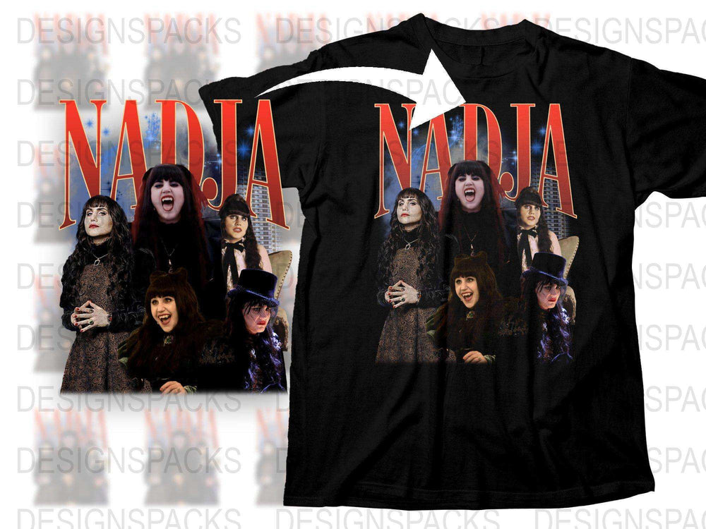 Nadja Vampire Comedy Graphic T-Shirt, Pop Culture TV Show Merch, Retro Horror Fan Apparel, Vintage-Inspired Black Tee