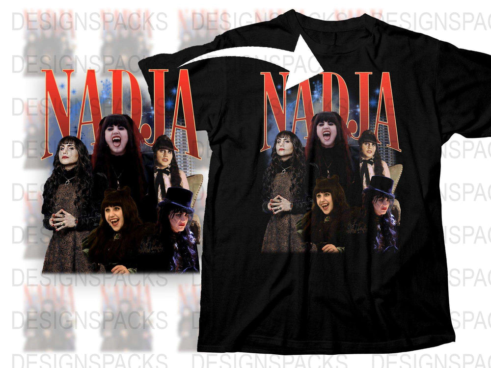 Nadja Vampire Comedy Graphic T-Shirt, Pop Culture TV Show Merch, Retro Horror Fan Apparel, Vintage-Inspired Black Tee