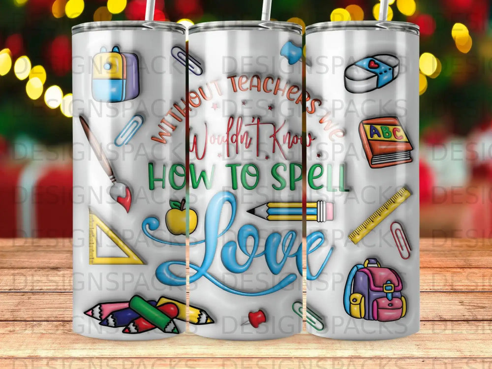 "How to Spell Love" graphic with school supplies, apple, and backpack.
