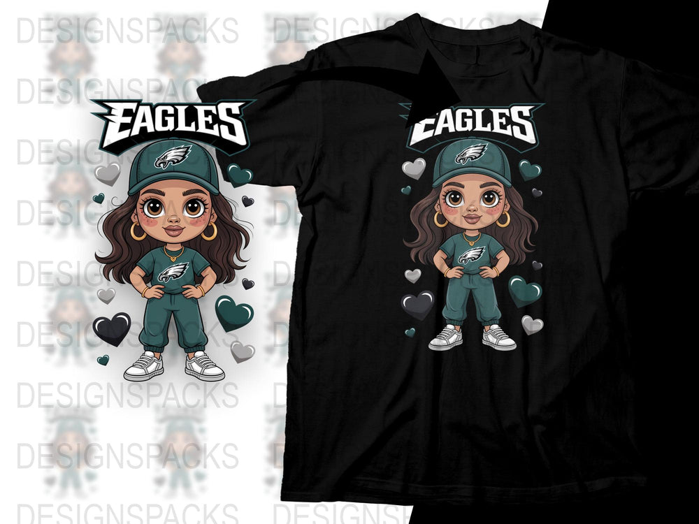 Philadelphia Eagles Fan T-Shirt, Cute Cartoon Girl Graphic Tee, Football Team Support Shirt