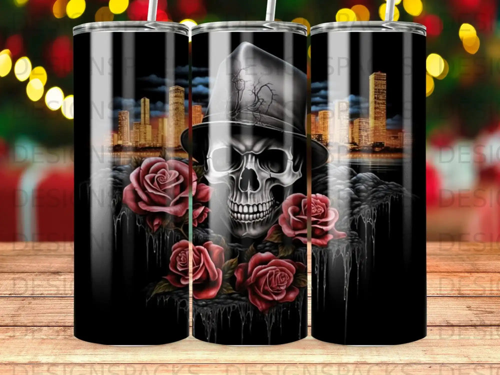 Skull in top hat with red roses and city skyline.