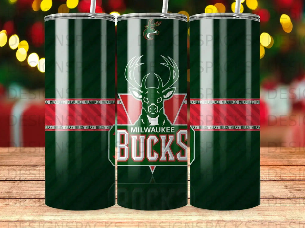 Milwaukee Bucks logo on a green tumbler with repeating "Bucks" text.