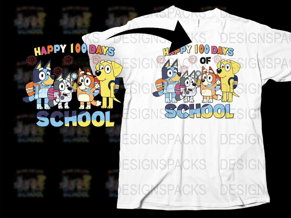 Happy 100 Days of School T-Shirt, Kids Cartoon Dog Celebration Tee, Teacher Gift, Colorful School Milestone Shirt