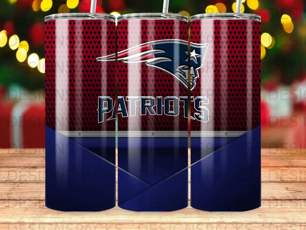 New England Patriots logo and team name on a dark, metallic tumbler.