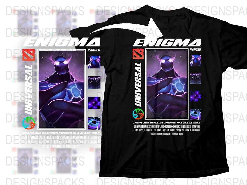 Stylish ENIGMA Black T-Shirt, Universal Monster Graphic Tee, Unique Superhero Design, Casual Wear