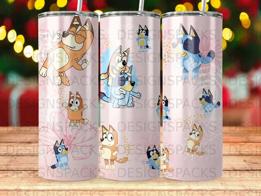 Bluey characters on a pink tumbler with floral accents.