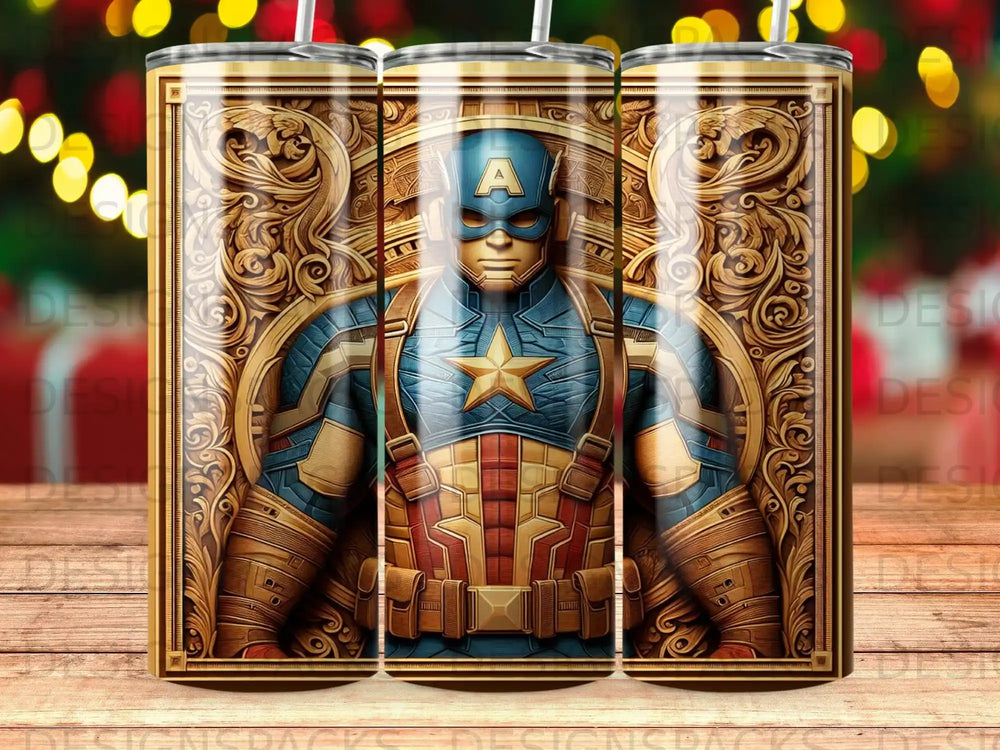 Captain America portrait in ornate golden frame.