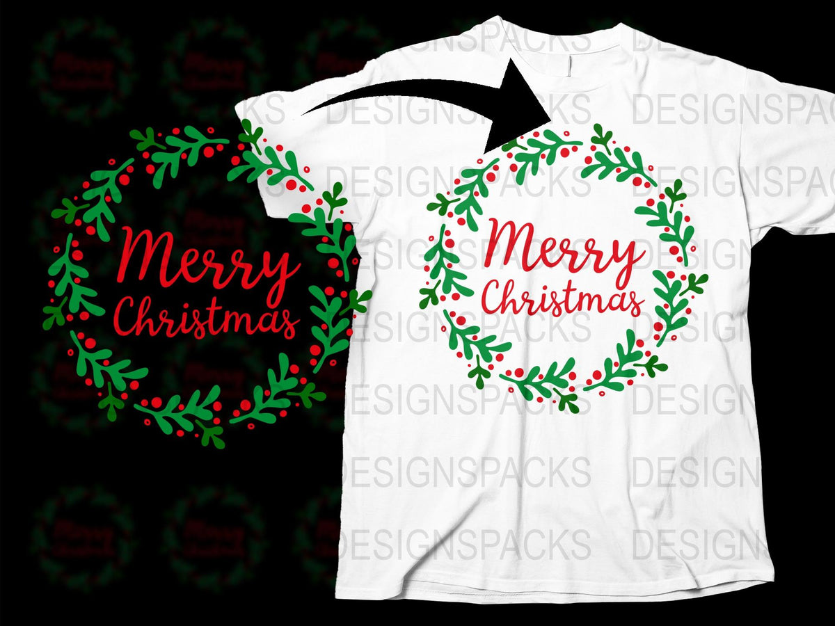Merry Christmas Wreath T-Shirt, Festive Holiday Tee, Red Green White Design, Unisex Christmas Shirt Gift