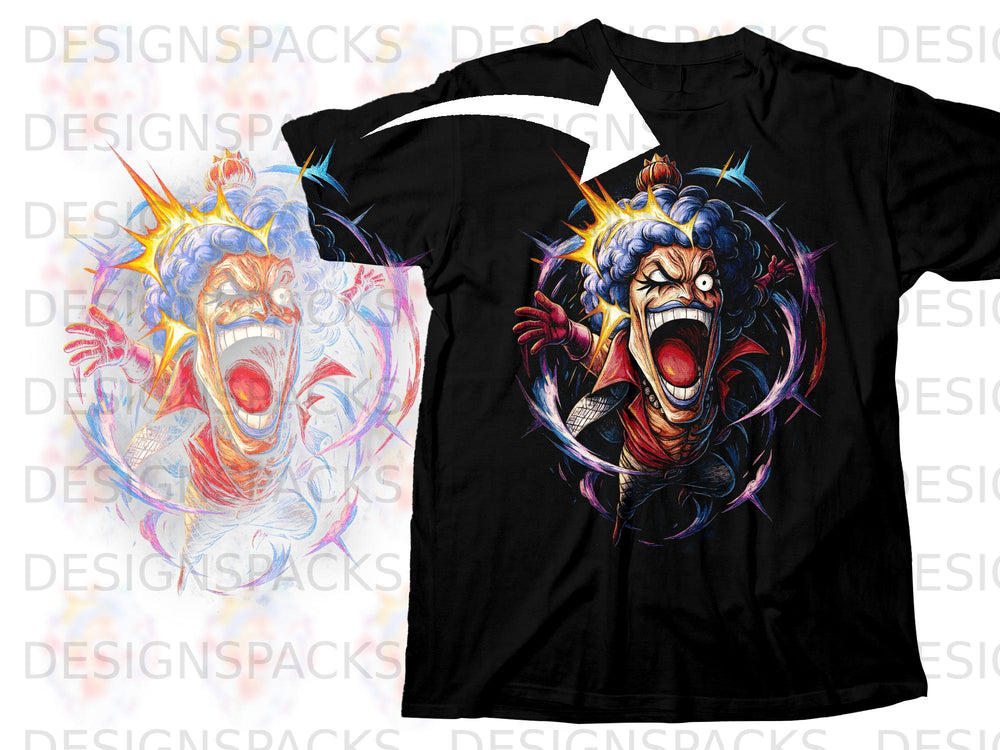 Black t-shirt featuring a colorful, screaming anime character with a crown.