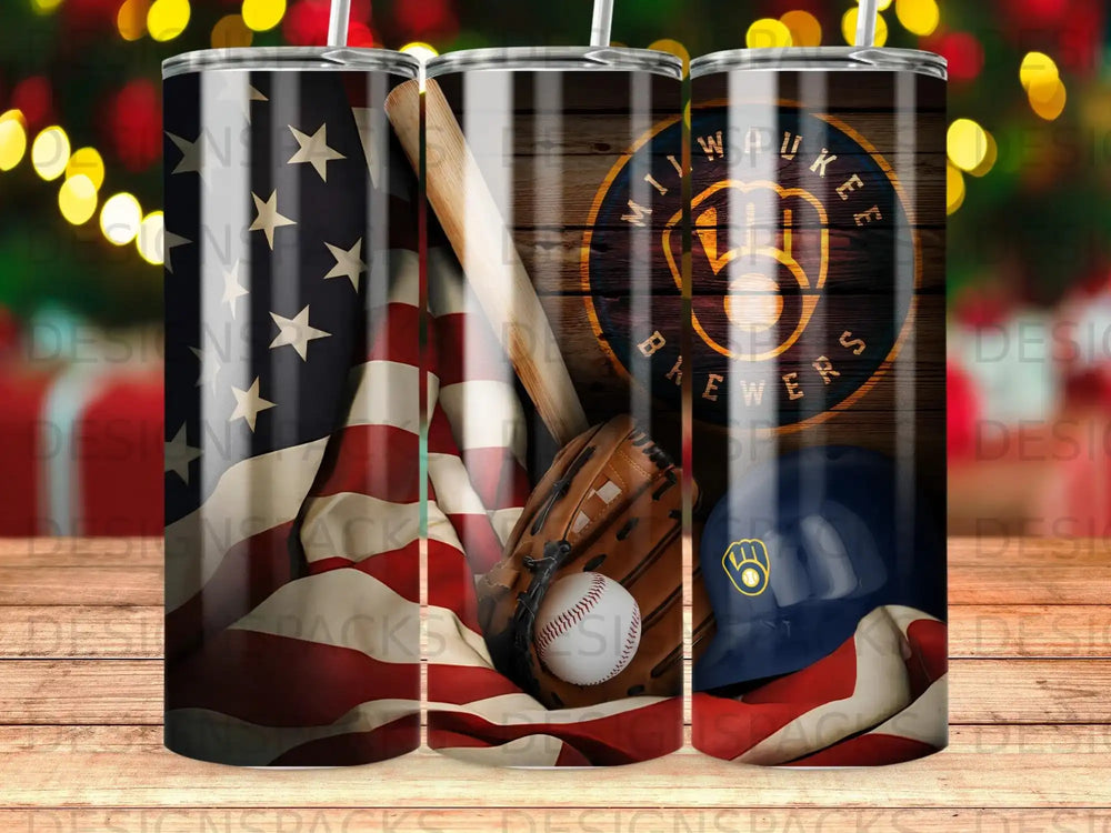 Baseball helmet, glove, and American flag against a wooden background.